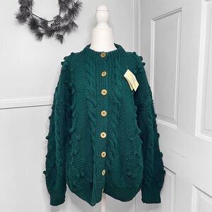 Athena Designs Handknit Pure Wool Cable Knit Pom Pom Cardigan Sweater Green NWT